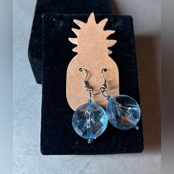 NEW Blue Clear Circular Beaded Dangle Fish Hook Earrings NWOT - Picture 1 of 6
